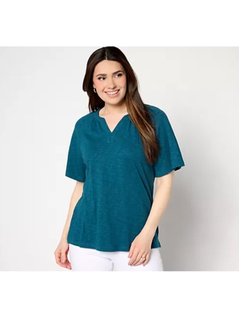 Denim & Co. Women Top Sz L Linen Blend Flutter Short Sleeve Knit Green A650472